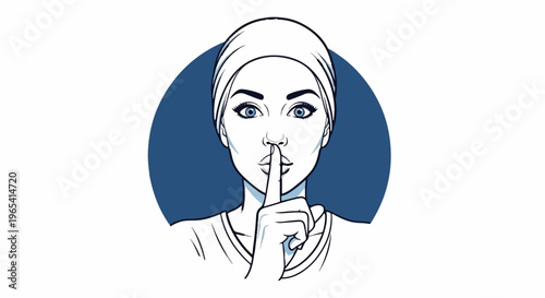 A woman with striking blue eyes and a head covering holds a finger to her lips
