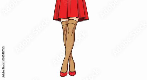 A woman's legs in stockings and red heels, wearing a short red skirt