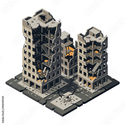 vector isometric of badly damaged buildings after the war 2