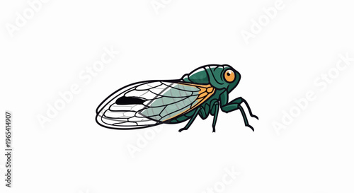 A stylized green cicada with orange eyes and translucent wings, viewed side-on