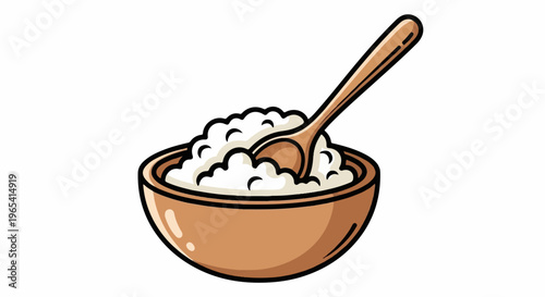 Cartoon illustration of a brown bowl filled with white, fluffy food and a wooden spoon