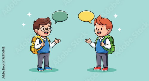 Two schoolboys talking with speech bubbles cartoon illustration of young students communicating.