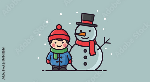 Cheerful child and snowman stand together in falling snow