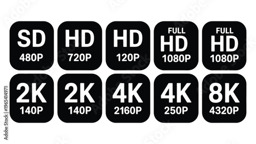 Video Resolution Label, Modern Digital Media Icon Indicating Screen Quality And Display Size, Minimal Symbol For 4K, HD, Full HD, And Ultra HD Video Formats In Streaming
