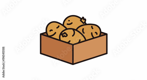 Cute cartoon potatoes smiling in a brown cardboard box