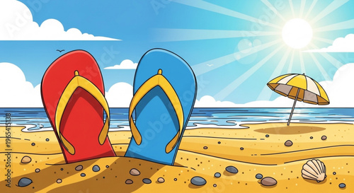 Colorful flip flops on sandy beach with umbrella sun