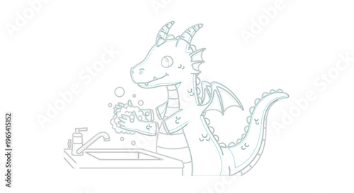 Line art illustration of a cartoon dragon washing hands with soap and bubbles at a sink, a cheerful reminder for good personal hygiene and cleanliness habits