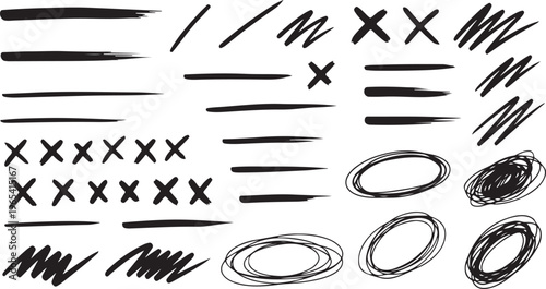Vector set of grungy graphic elements. Street art texture hand drawn pencil underlines and strikethrough, scribble emphasis lines, crazy hatches, ovals and crosses.