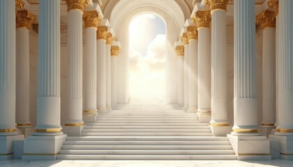 Grand white marble hall with golden columns leads to a bright sky staircase. Classical architecture suggests heaven or a divine palace. Endless stpic ascend towards clouds and bright sunlight.