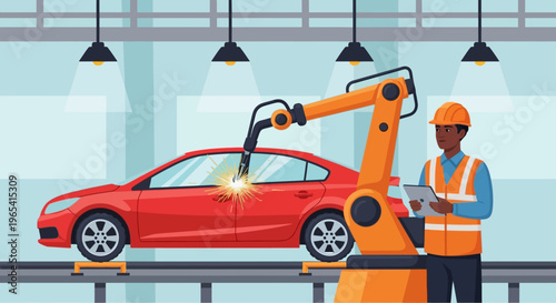 Illustration of a worker in an orange vest and hard hat standing next to a red car on a production line with a robotic welding arm.