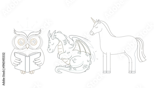 Simple yet enchanting line art collection of mythical creatures, featuring a wise reading owl, a slumbering dragon, and a majestic unicorn illustration set