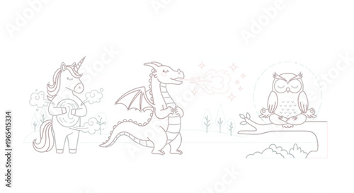 Enchanting line art collection featuring mythical creatures like a serene unicorn playing music, a majestic dragon, and a wise meditating owl, embodying fantasy and tranquility in a minimalist style