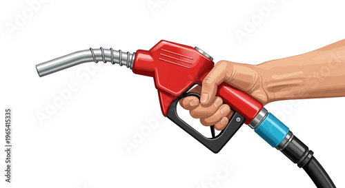 A hand holding a red and blue gas pump nozzle against a white background.