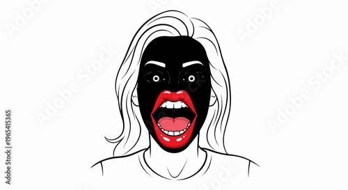 Dramatic open mouth and eyes, face painted black, red lips