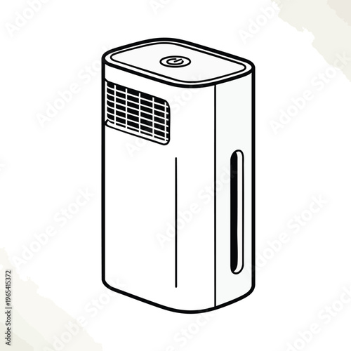 A stark, minimalist illustration of an air purifier. Black outlines define the device, featuring a vent, power button, and a side window