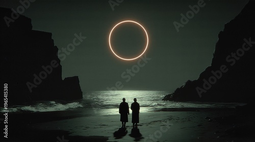 Man and woman standing on beach at night during solar eclipse. Cosmic event over ocean with silhouette of couple. Cinematic landscape capturing mystery, wonder and astronomical phenomenon.
