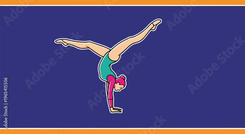 Female gymnast performing a handstand split on a purple background