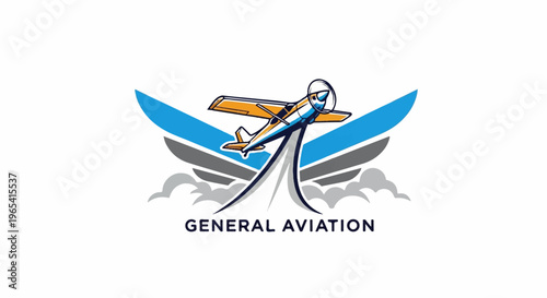 Stylized airplane ascendant through clouds with wing-like blue and grey shapes