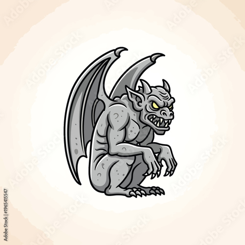 A stone-like cartoon gargoyle, with gray and black colors, is crouching with wings outstretched and staring with menacing yellow eyes
