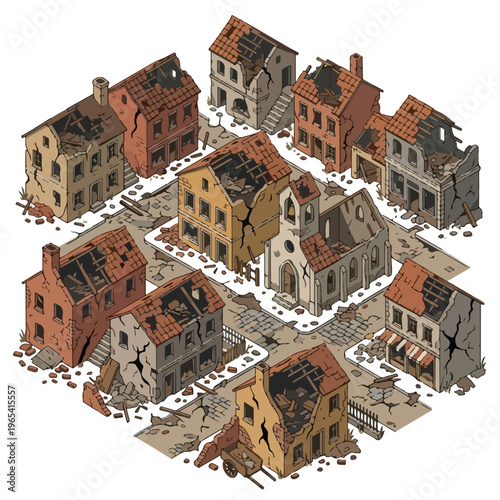 vector isometric of badly damaged buildings after the war 1