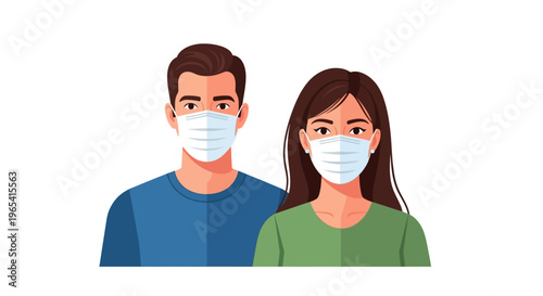 Illustration of a man and woman wearing face masks on a white background