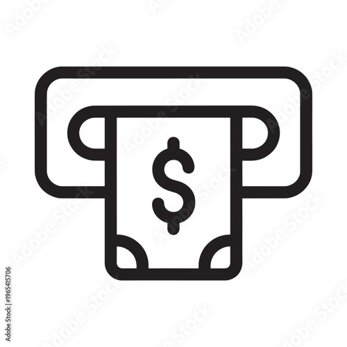 Simple black and white line icon depicting an atm dispensing money