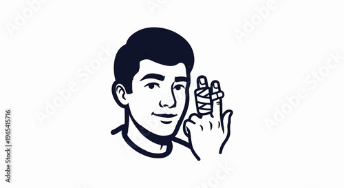 Man with bandaged fingers, simplified graphic style