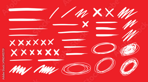 Vector set of grungy graphic elements. Street art texture hand drawn pencil underlines and strikethrough, scribble emphasis lines, crazy hatches, ovals and crosses.