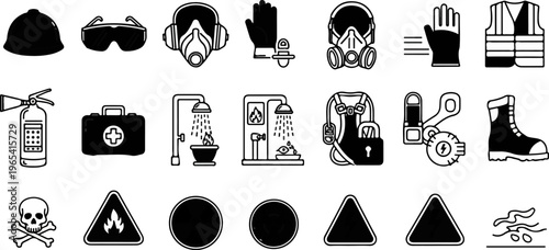 Safety equipment icons including head protection, eye protection, respirators, gloves and vest