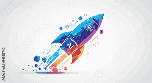 Colorful abstract rocket ship blasting off with AI chip and geometric shapes
