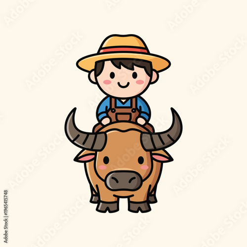 A smiling farmer wearing a hat and overalls is joyfully riding a cute brown water buffalo. The background is a soft beige