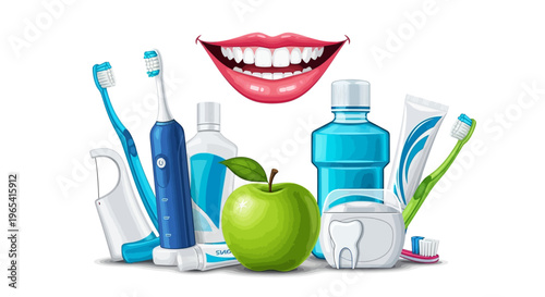 Flat lay of various dental hygiene products and a green apple on a white background.