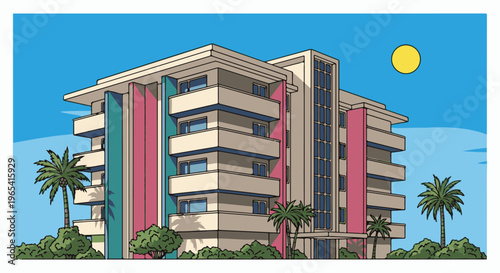 Colorful apartment building with balconies and palm trees under a bright sun