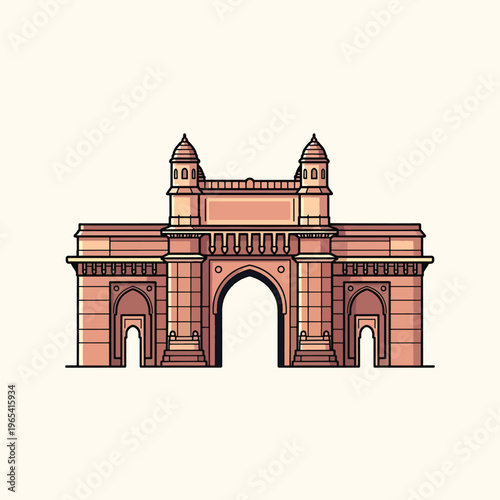 A symmetrical illustration of a monument with arches and a rectangular structure, rendered in a warm, sepia tone with black outlines