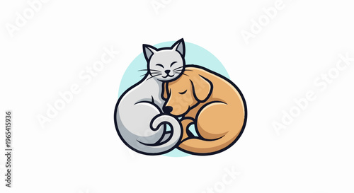 A stylized illustration of a light gray cat and a golden dog curled up together, resting peacefully