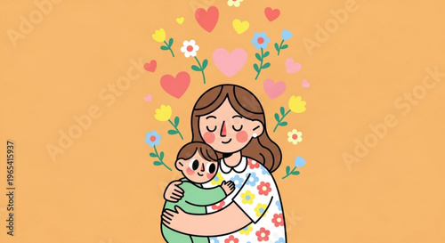 Mother and child embracing surrounded by colorful hearts flowers on orange background