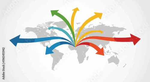 Colorful arrows emanating from Africa across a world map