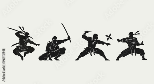Silhouetted ninjas in action poses with swords and shuriken