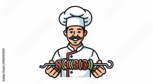 Cheerful chef with mustache holding a grilled kebab on a skewer