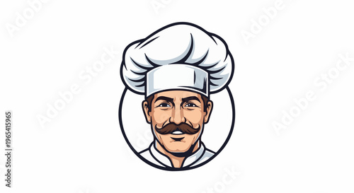 Cheerful chef with mustache and toque in circular emblem