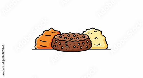 Simple illustration of mashed potatoes, a biscuit, and orange puree