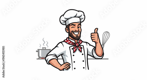 Cheerful chef giving a thumbs up with cooking pot and whisk nearby