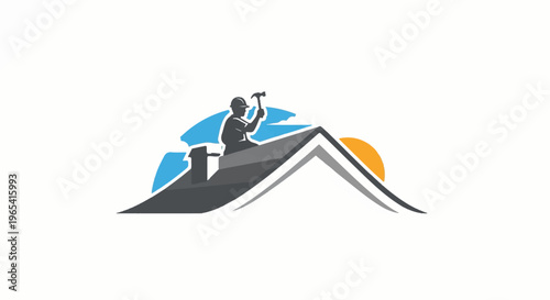 Silhouette of roofer working on a house roof under a setting sun and blue sky