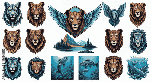Collection of pixelated wild animal portraits and scenic nature illustrations