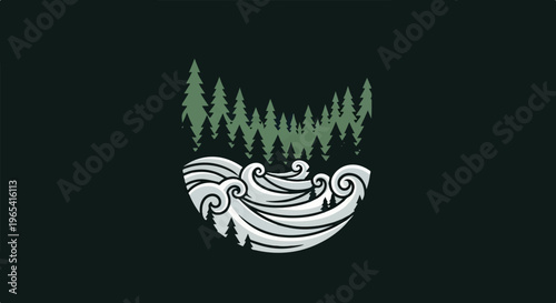 Stylized evergreen forest above swirling water waves with small trees