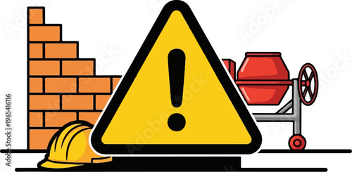 Construction warning sign with brick wall, hard hat, and cement mixer