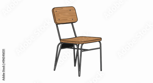 Minimalist wooden chair with black metal frame, front view