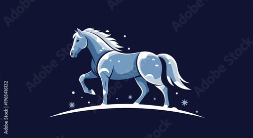 Stylized icy horse prancing on a snowy landscape under starry sky
