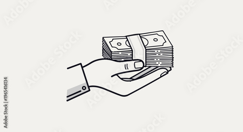 Stylized hand holding a bundle of cash notes secured by a band