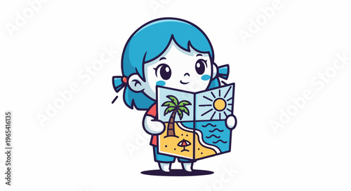 Cheerful cartoon child holding a map displaying a beach and ocean scene